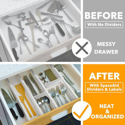SpaceAid Bamboo Drawer Dividers with Inserts and Labels, Kitchen Adjustable Drawer Organizers, Expandable Organization for Home, Office, Dressers, 4 Dividers with 9 Inserts (17"-22" Natural)
