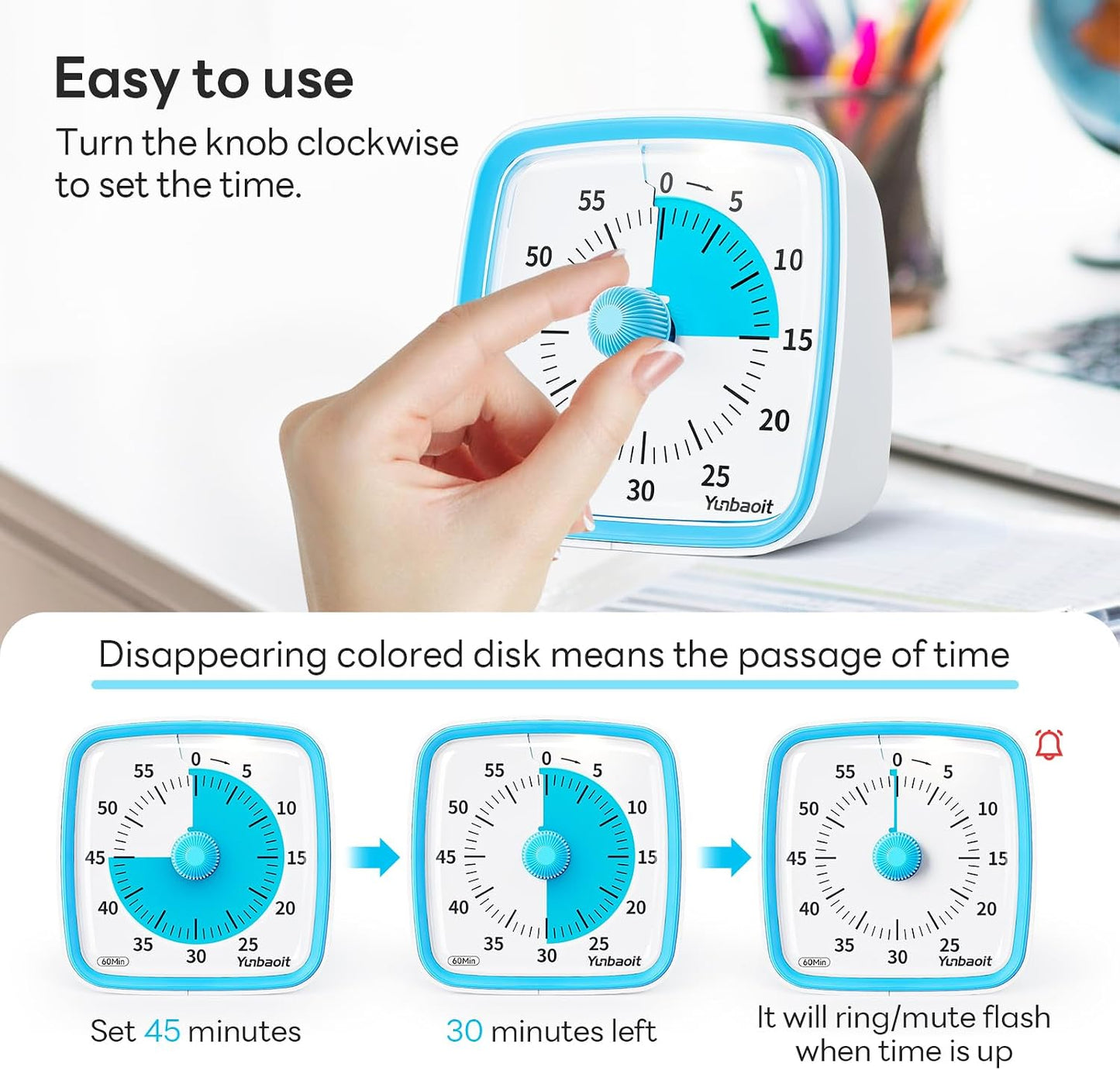 Yunbaoit Visual Timer with Night Light, 60 Minute Countdown, Light Blue | 3 Alarm Modes, Mute Flash, for Kids and Adults, Time Management Tool for Classroom, Home, School, and Work