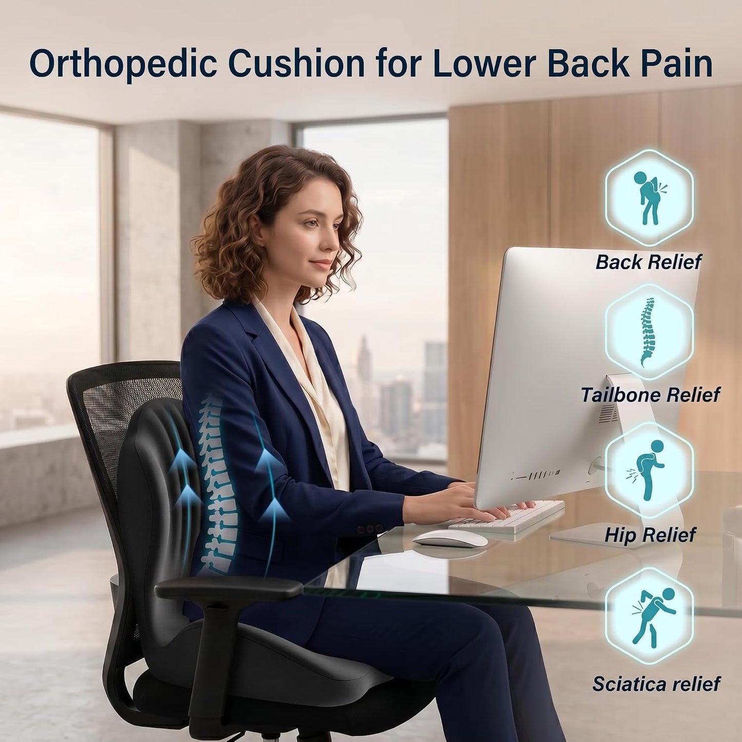 Ergonomic Seat Cushion with Lumbar Support (Black) | Office Chair Seat Cushion, Memory Foam Orthopedic Cushion with Tailbone Hollow, Sciatica & Back Pain Relief for Long Sitting