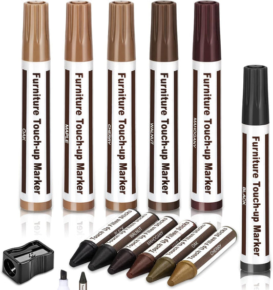 Thboxes Wood Furniture Repair Kit, 13 Pcs Markers and Wax Sticks | 6 Wood-Tone Colors, Fills Scratches, Scuffs and Nail Holes, for Floors, Tables, Cabinets and Desks