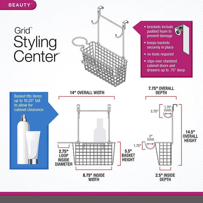 Spectrum Grid Over the Cabinet Styling Station (Satin Nickel) - Tall Bathroom & Under Sink Organizer for Hair Dryer, Beauty Tools, Accessories, & Home Essentials