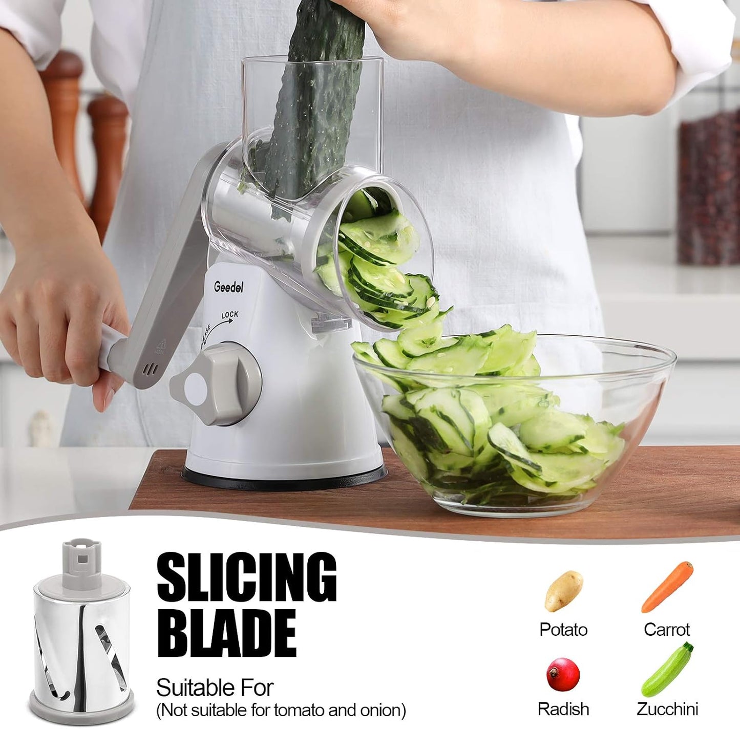 Geedel Rotary Cheese Grater, Kitchen Mandoline Vegetable Slicer with 3 Interchangeable Blades, Easy to Clean Rotary Grater Slicer for Fruit, Vegetables, Nuts | 3 Blades, 430 Stainless Steel, 12x Fast Cutting, Strong Suction Base, No BPA, Dishwasher Safe,