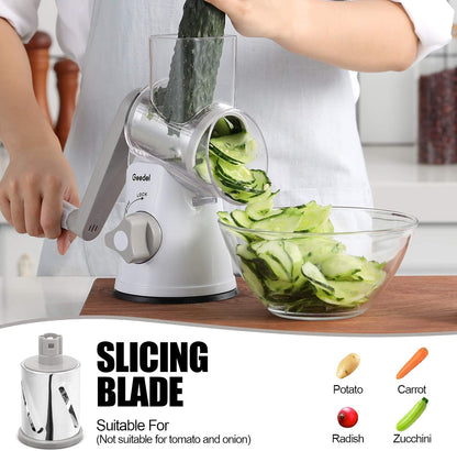 Geedel Rotary Cheese Grater, Kitchen Mandoline Vegetable Slicer with 3 Interchangeable Blades, Easy to Clean Rotary Grater Slicer for Fruit, Vegetables, Nuts | 3 Blades, 430 Stainless Steel, 12x Fast Cutting, Strong Suction Base, No BPA, Dishwasher Safe,