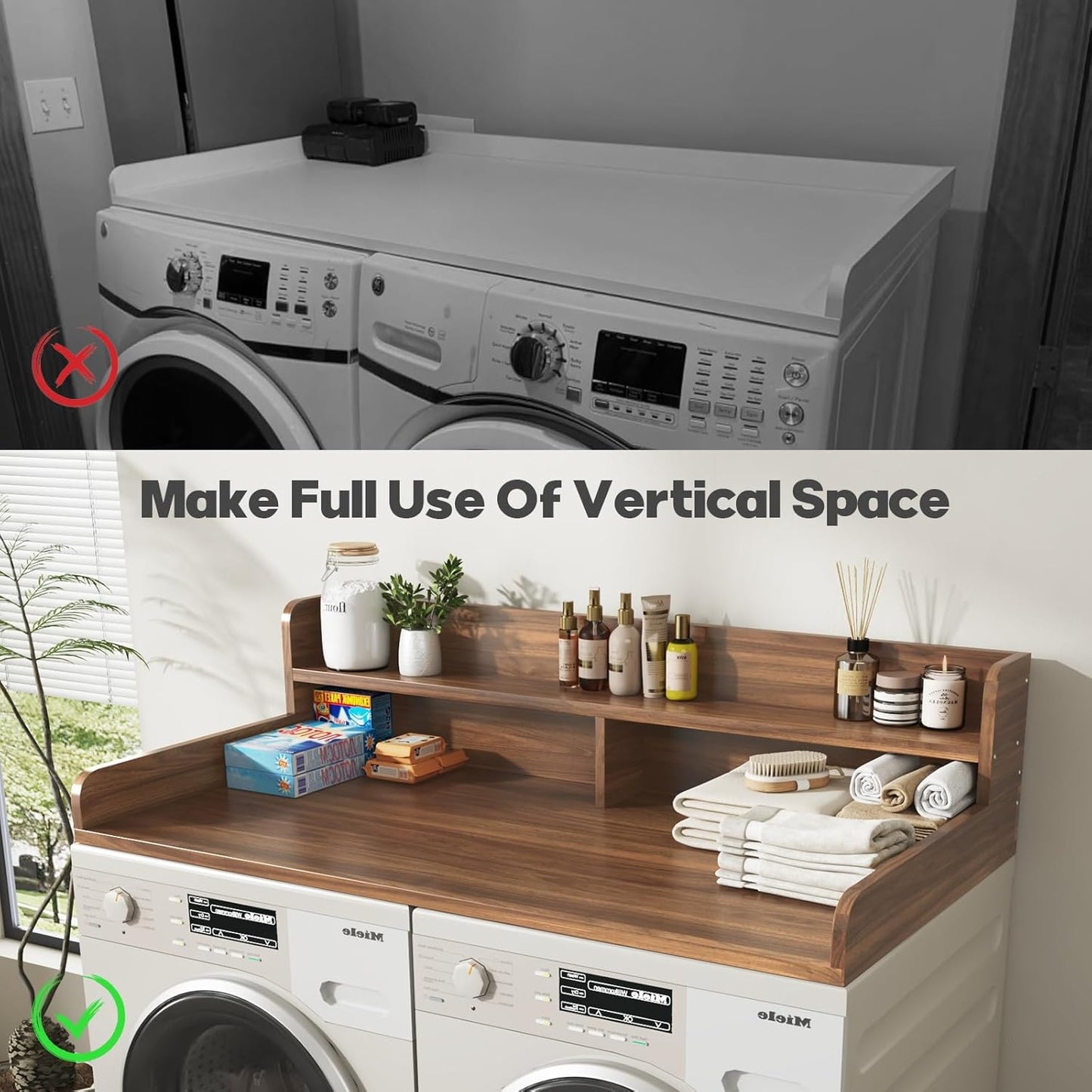 2-Tier Washer and Dryer Countertop with 2.75" H Guard,54" W x 27.5" D Laundry Countertop Cover with Non-Slip Pad,Large Space Laundry Topper for Folding Clothes Over Washer and Dryer-White