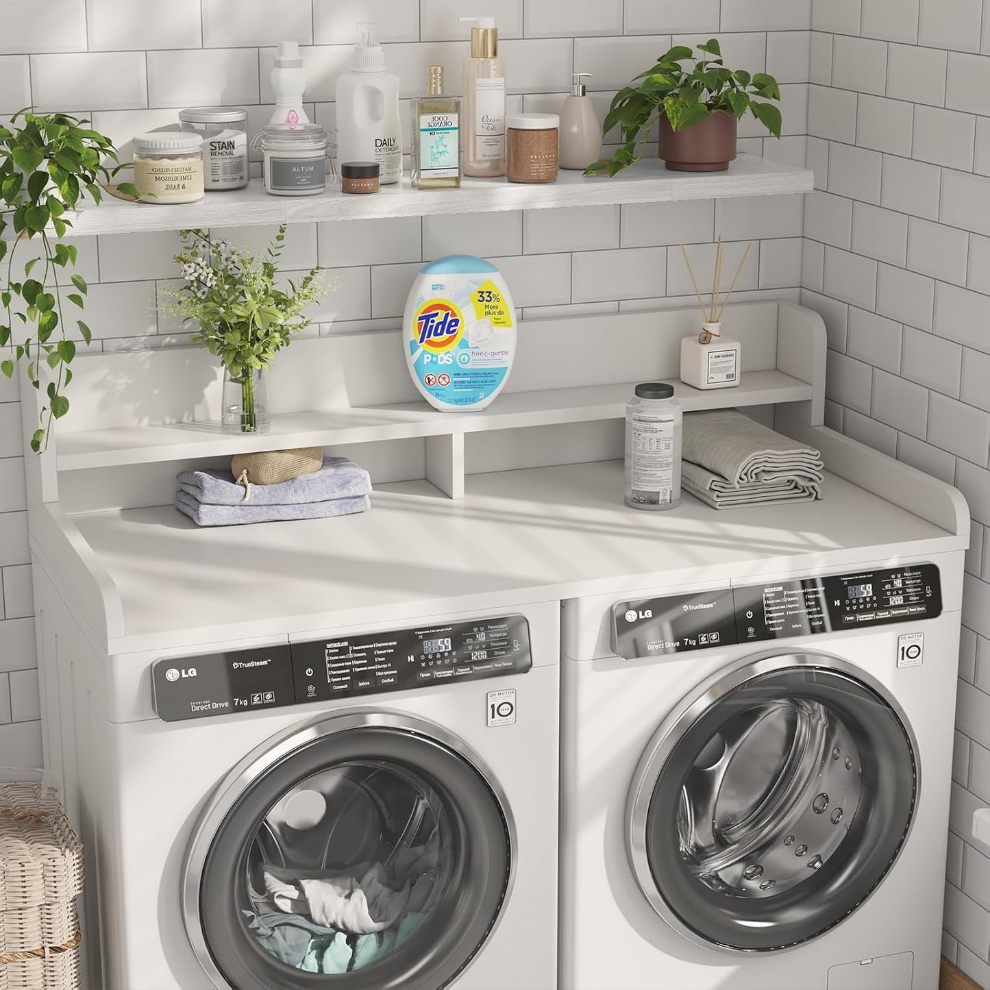 2-Tier Washer Dryer Countertop with 2.75" H Edge Rails, 54" W x 27.55" D Laundry Countertop for Folding Clothes, Washer and Dryer Topper with Non-Slip Pad (Dark Walnut)