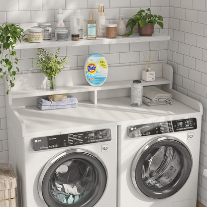 2-Tier Washer Dryer Countertop with 2.75" H Edge Rails, 54" W x 27.55" D Laundry Countertop for Folding Clothes, Washer and Dryer Topper with Non-Slip Pad (Dark Walnut)