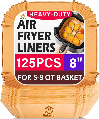 Air Fryer Liners Disposable 125 Pcs, 8 Inch Paper for 5-8 QT Air Fryers | Square Unbleached Parchment Paper, Non-Stick, Greaseproof for Baking, Roasting, Microwave, Oven, Airfryer Basket Accessories