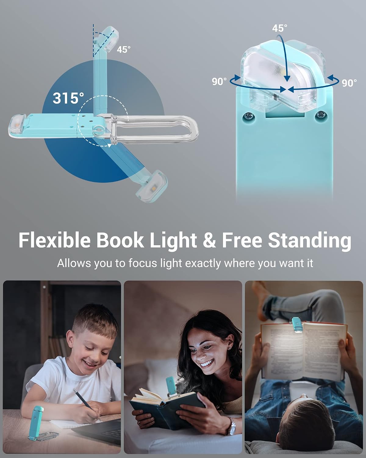 DEWENWILS USB Rechargeable Book Reading Light, Clip on Book Light (Blue)