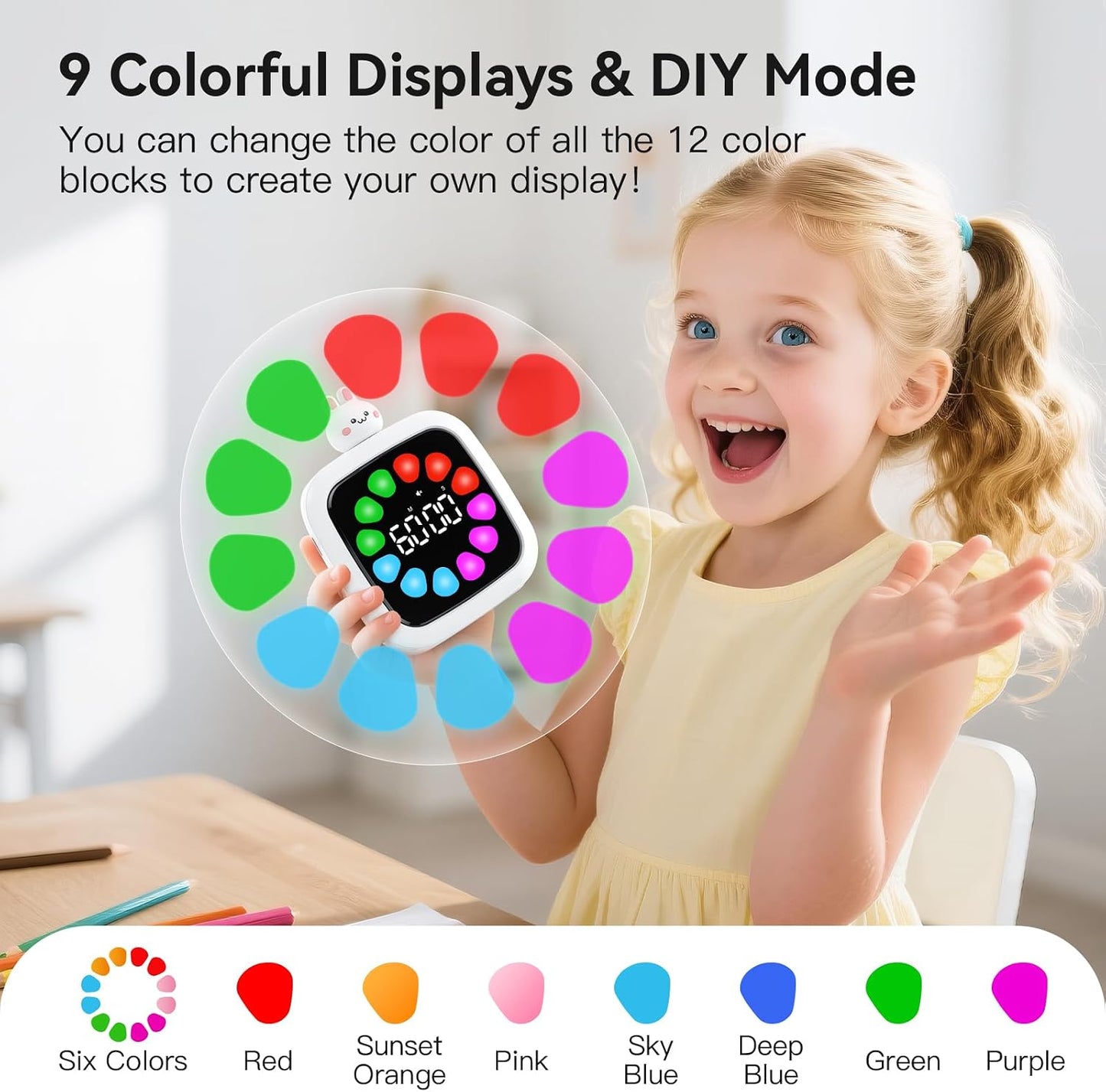 Yunbaoit Digital Visual Timer for Kids, 99-Minute Countdown, Rechargeable | 19 Music Alarm, Pause Function, 9 Optional DIY Color Planet Display, Robot Doll, for Study, Homeschool, Kitchen
