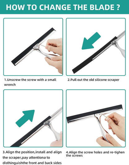 All-Purpose Stainless Steel Shower Squeegee Come with S Hook, 2 Square Sticky Hook 2 Rubber Strips Shower Squeegee for Glass Doors, Windows, Mirrors, Tiles and Car Glass -10 Inches Silver