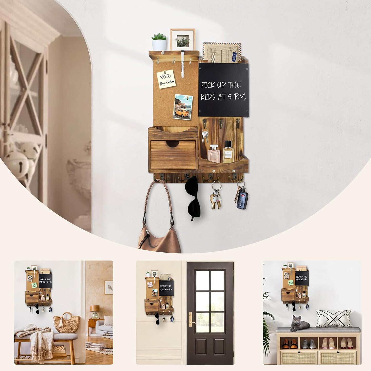 Key Holder for Wall Mount with Shelf and Mail Organizer, Key and Mail Holder with 16 Hooks, Farmhouse Entryway Organizer, Home Decor Rack (Pine Wood, White Washed)
