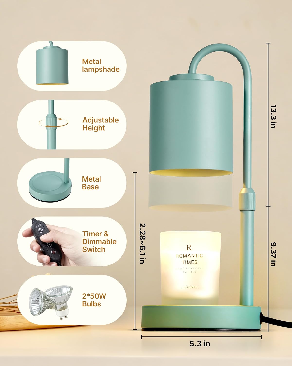 CASTLELIFE Dimmable Candle Warmer Lamp with Timer, Height Adjustable Candle Warmer for Jar Candles, Electric Wax Melt Warmer for Home Decor House Warming Gifts, Birthday Gifts for Women, Black Clear
