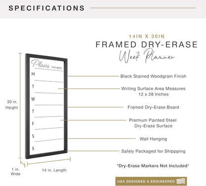 MCS Dry Erase Weekly Meal Planner Black Framed Calander Whiteboard, 11x24 | Dry Erase Weekly Meal Planner Black Framed Calander Whiteboard Frame, 11x24 Inch
