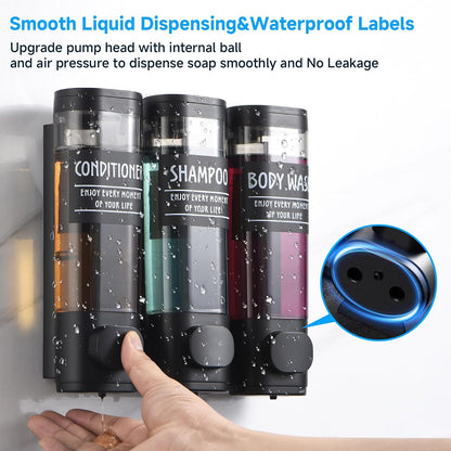Shampoo and Conditioner Dispenser,GlintGath Shower Dispenser 2 Chamber No Drill Shampoo Dispenser for Shower Wall Mounted Shower Soap Dispenser for Bathroom Hotel,2 * 300ML,Matte Black