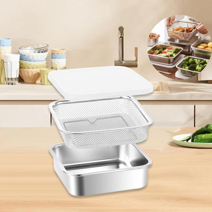 Stainless Steel Food Container with Strainer Colander Set Fridge Organizer Bin Multifunctional Kitchen Drain Basket for Lettuce Fruits, Vegetables, 1500ml