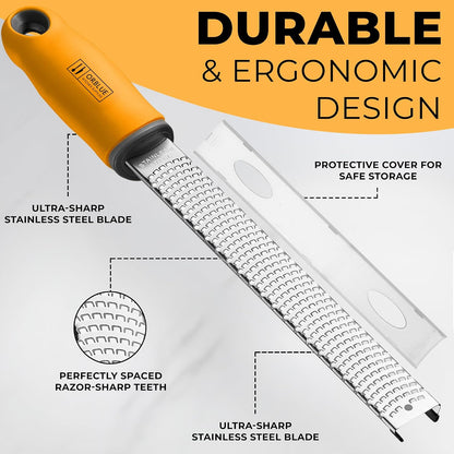 Orblue Lemon Zester & Cheese Grater - Premium Citrus Zester, Kitchen Grater for Parmesan, Chocolate, Fruits, Vegetables, Ginger, Garlic, Nutmeg - Stainless Steel Blades with Protective Cover, Orange