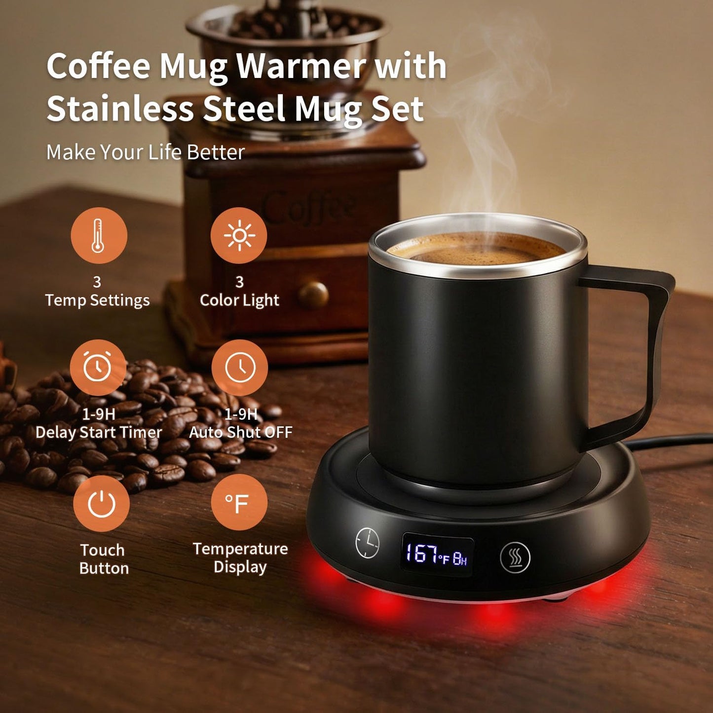 Coffee Mug Warmer + Mug Set, Cup Warmer for Desk, Candle Warmer with Timer | Electric Beverage Milk Tea Hot Drinks Warmer, 4 Temp Setting, 8H Auto Shut off Timer, Home Office Birthday Present