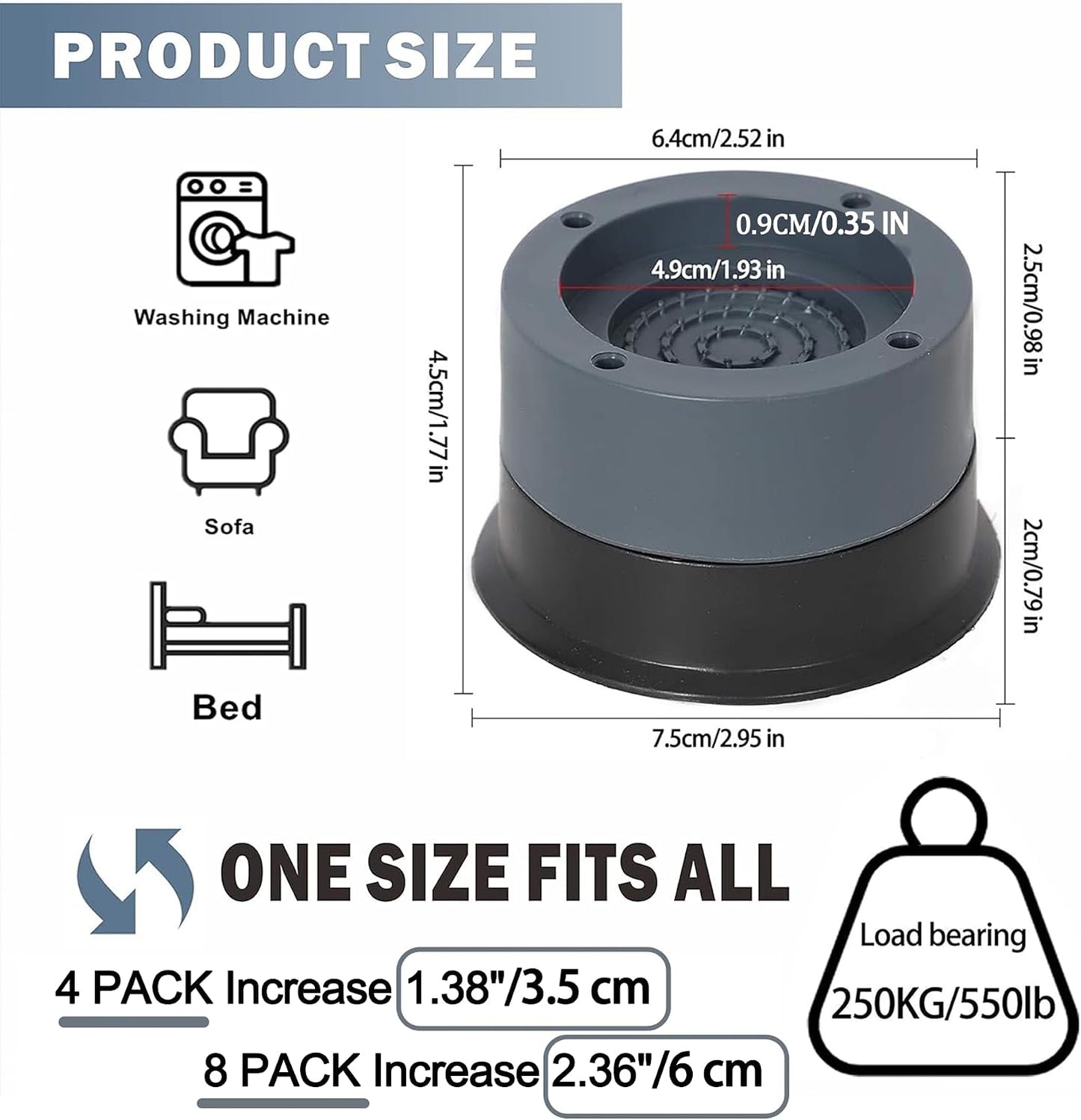 Anti Vibration Pads Increase 1.38"/2.36", 8pcs Washing Machine Base Foot Pads, Non Slip Heighten Shock and Noise Cancelling Mat for Washer and Dryer Machine Support Protects Pedestals