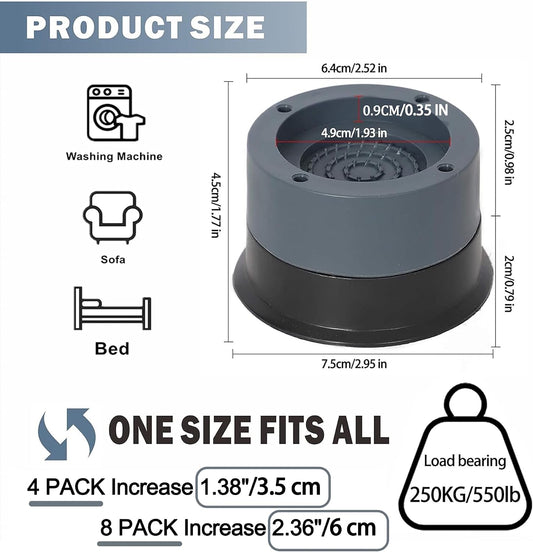 Anti Vibration Pads Increase 1.38"/2.36", 8pcs Washing Machine Base Foot Pads, Non Slip Heighten Shock and Noise Cancelling Mat for Washer and Dryer Machine Support Protects Pedestals