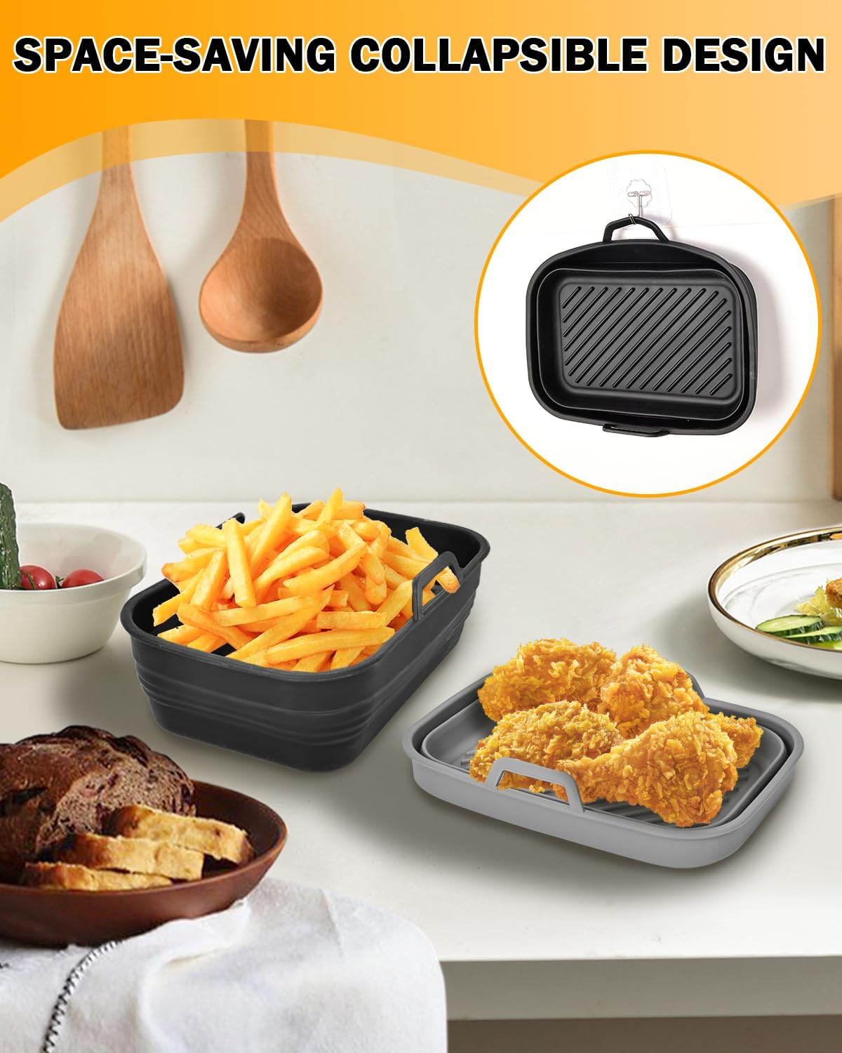 Air Fryer Silicone Liners Collapsible 2-Pack for bella Slim 4Qt(3.3lb) | Reusable Airfryer Silicone Pot Baking Basket Insert Accessories, Non Stick, Easy Cleaning, Gray+Black