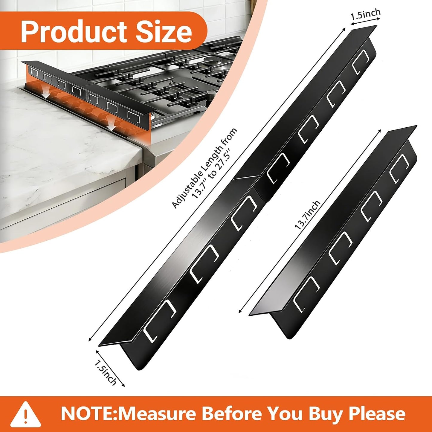 “T” design Stove Gap Covers 2 Pack, Adjustable 13.8” to 27.5”Stove Gap Filler Stainless Steel, Heat Resistant Range Trim Kit, Oven Side Gap Filler，Easy to Clean and Maintain