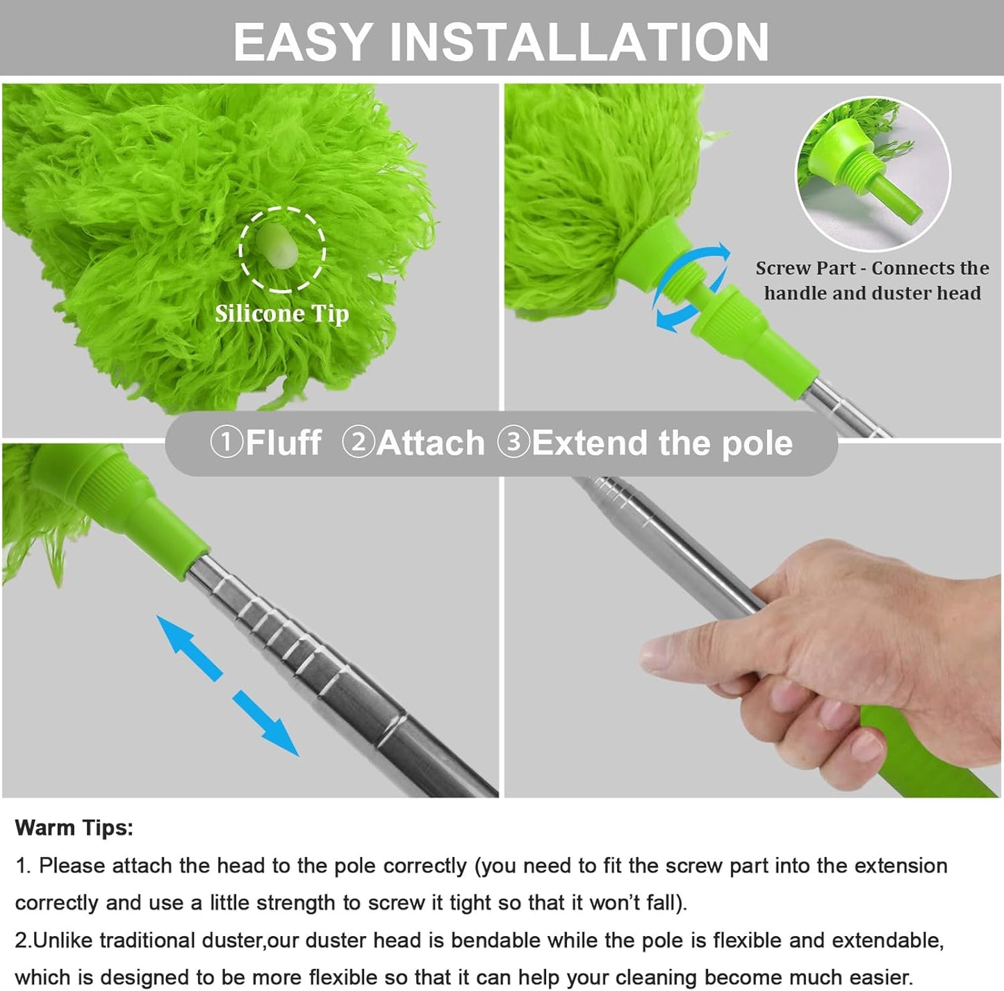Cobweb Duster with Extension Pole 100 inches, Dusters for Cleaning with 2 Duster Heads, Washable Microfiber Feather Duster for Cleaning Ceiling Fan, High Ceiling, Blinds, Furniture & Cars