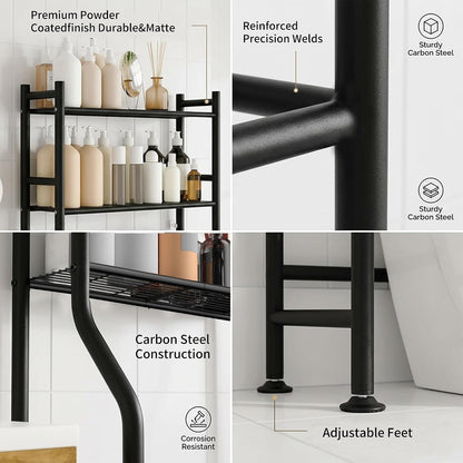 GloTika 3-Tier Over Toilet Storage, Anti-Tilt, 64" H, Black | Anti-Tilt Safety System, 150lb Capacity, Carbon Steel, Freestanding, No Drilling, Anti-Rust Coating, Paper Holder & 4 Hooks