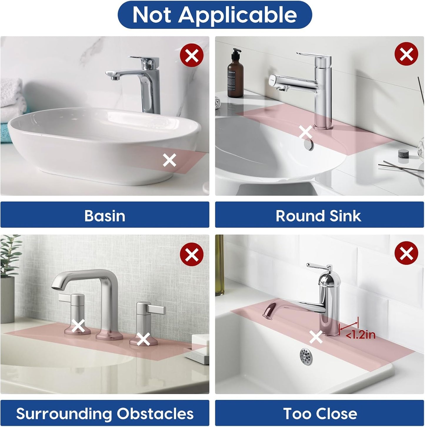 24-Inch Silicone Faucet Mat for Kitchen Sink Splash Guard, 7° Slope | 24"x5.5" water draining mat with fasten button; 1.6-2.75" customizable hole for bathroom, RV & kitchen sink drip catcher.