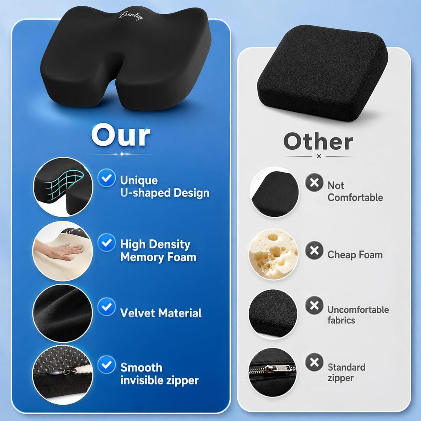 2 Pack Seat Cushion Memory Foam for Office Chairs& Car, Black and Gray | Chair Cushions Firmer Support for Long Sitting, Ergonomic Design for Sciatica and Tailbone Pain Relief, Non-slip Base