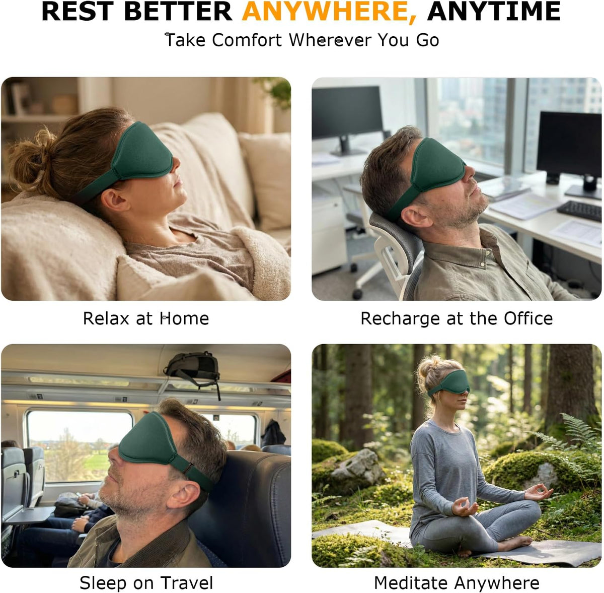Sleep Mask for Side Sleepers, 3D Contoured Eye Mask with Thickened Padded Nose Bridge for Total Light Blockout, Relaxing Sleeping Mask with Adjustable Strap for Nap, Travel, Hotel, Yoga,Green