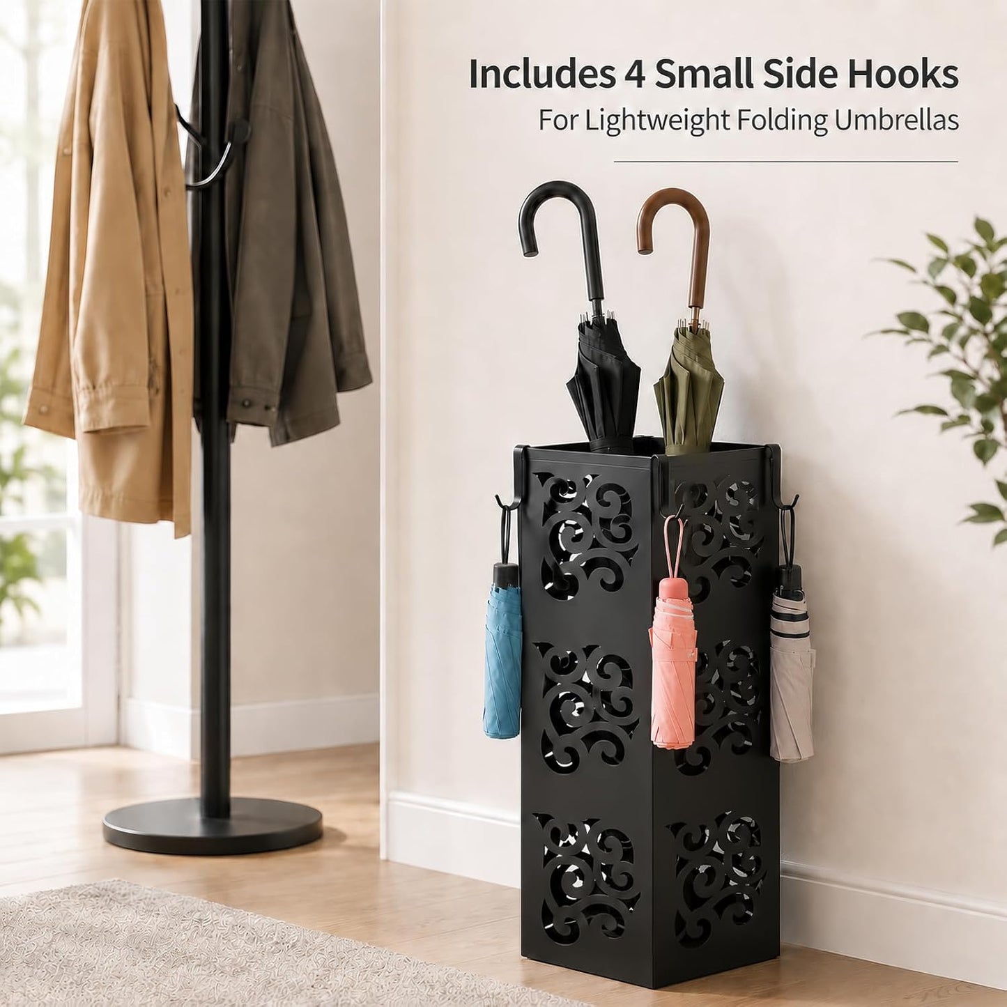 Kingrol Metal Umbrella Holder for Entryway, Square Black Umbrella Stand with Hollow Design, Freestanding Umbrella Rack for Umbrellas, Canes and Walking Sticks, 6 x 6 x 15.75 Inch