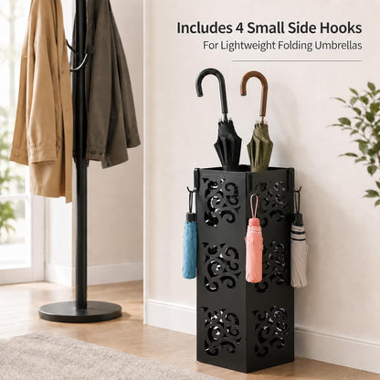 Kingrol Metal Umbrella Holder for Entryway, Square Black Umbrella Stand with Hollow Design, Freestanding Umbrella Rack for Umbrellas, Canes and Walking Sticks, 6 x 6 x 15.75 Inch