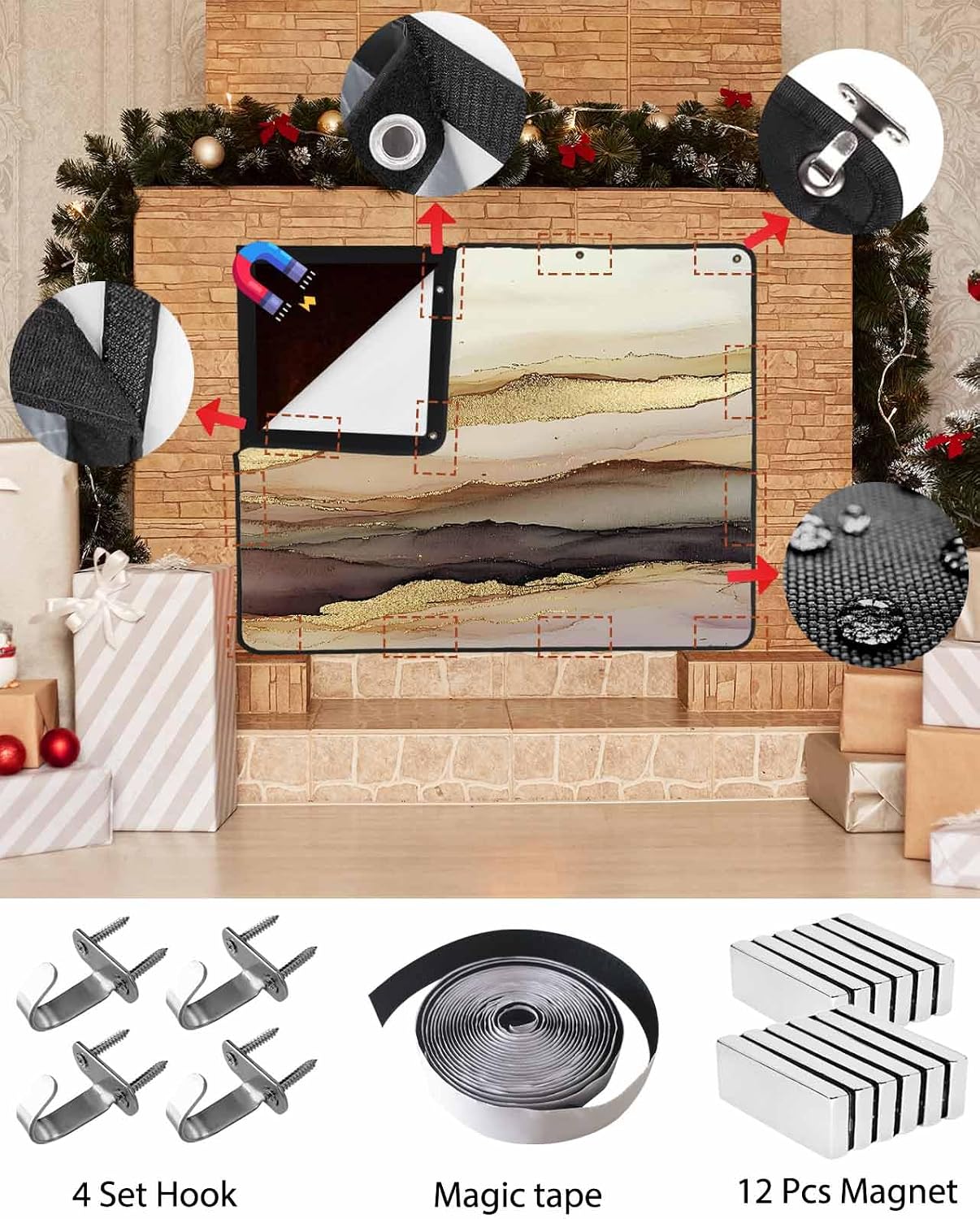 Marble Brown Gold Magnetic Fireplace Cover, Fireplace Draft Blocker, Abstract Watercolor Geometric Rock Fireplaces Blanket for Heat Loss/Cold Air, Fireplaces Draft Stopper Cover for Inside 39''x32''