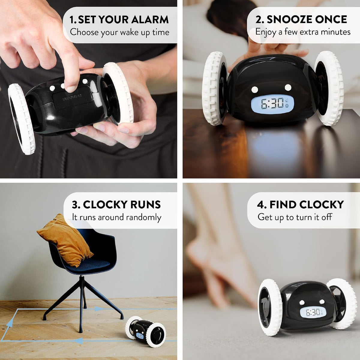 CLOCKY Alarm Clock on Wheels – Loud Rolling Alarm Clock for Heavy Sleepers