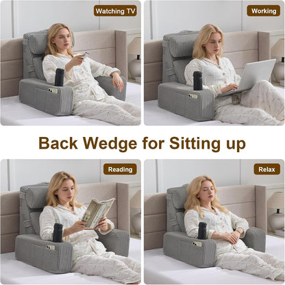 Reading Pillow for Sitting in Bed Adult, Back Pillow for Bed Sitting up with Arms, Pockets and Cup holder, Sit Up Backrest Pillows for Beds Chair Support, Rest Pillow for Gaming (Light gray)