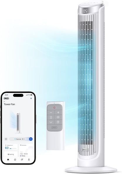 DREO Smart Tower Fan for Bedroom, 90° Oscillating Fan, 26ft/s Wind, 28dB