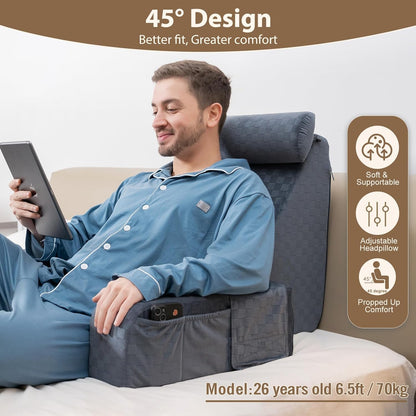Vekkia 19'' Reading Pillow for Adults with XL Side Pockets, Adjustable Arms | 45° Back Support Chair for Sitting in Bed, Washable Cover, Perfect for Gaming, Watching TV, Relaxing, or Recovery, Gift Idea
