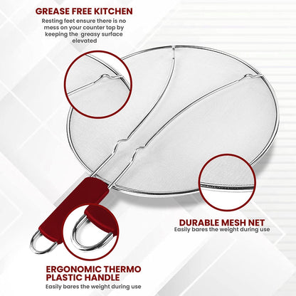 13" Grease Splatter Screen for Cooking | Stainless Steel Oil Splatter Guard and Ultra-Fine Mesh Protects Skin from Burns | TPR Tight-Grip Handle (Red)
