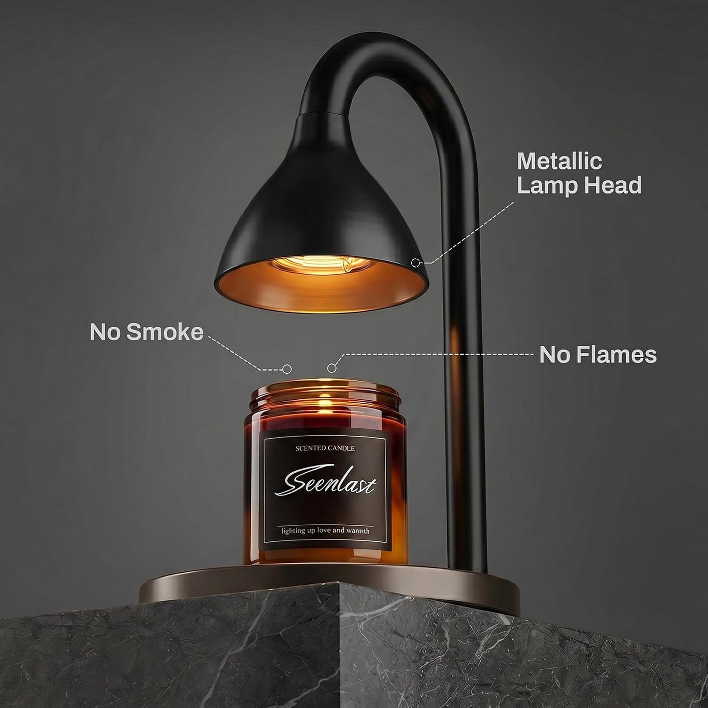 seenlast Black Candle Warmer Lamp with Timer – Industrial Minimalist | Electric Wax Warmer with Dimmer, Solid Metal, Birthday Gift, Black Lamp for Homewarming, Bedroom, Living Room, Bathroom