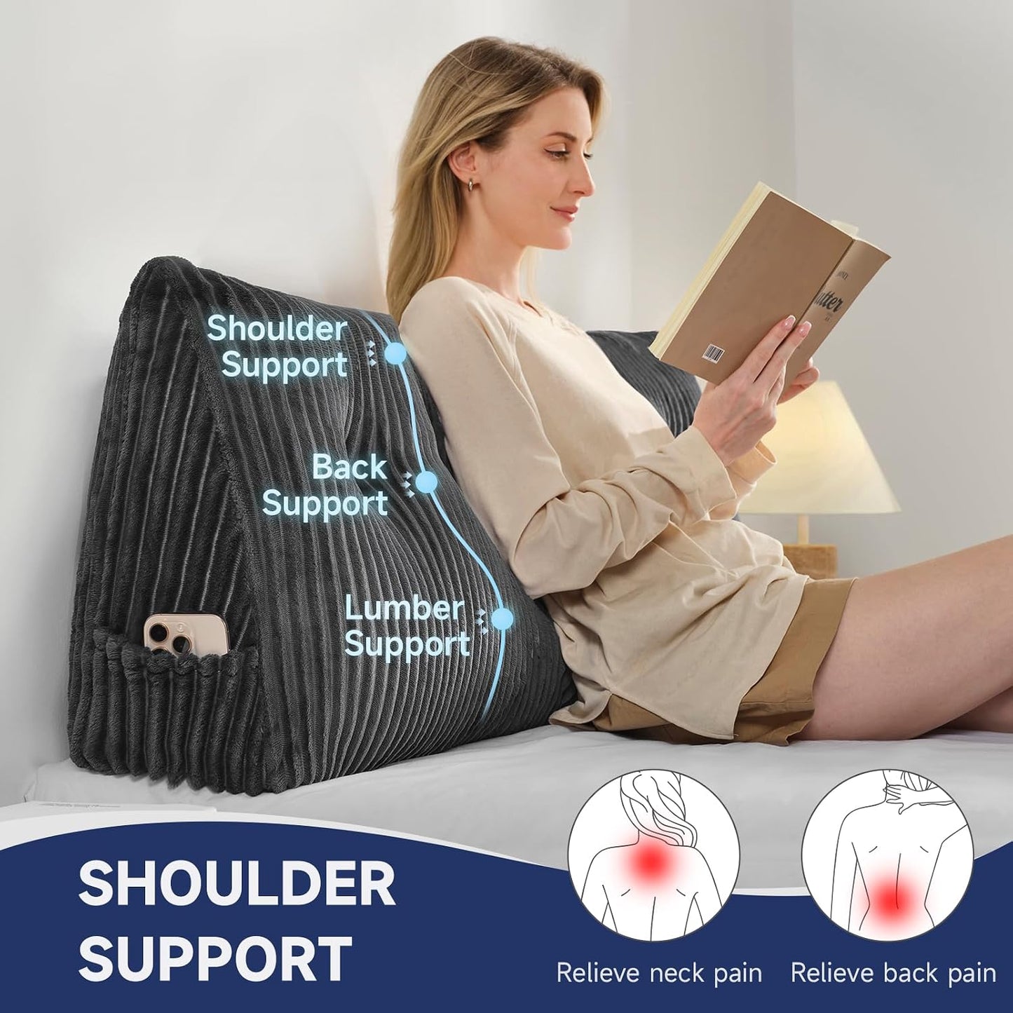 Z-hom Headboard Pillow, Wedge Backrest Cushion, Queen Size,NO Roll Pillow | Grey Triangular Backrest Cushion Equipped,NO Roll Pillow,Ideal for Reading,Sitting Up in Bed&Filling Headboard Gaps
