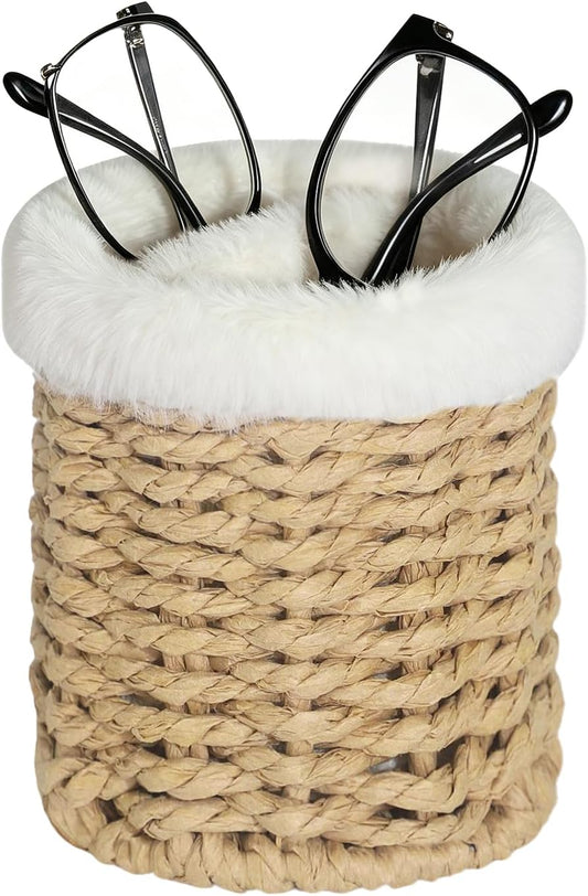 Glasses Holder, 2 Compartment Plush Lined Eyeglass Holder Paper Rope Eye-glasses Storage Organizer for Nightstand
