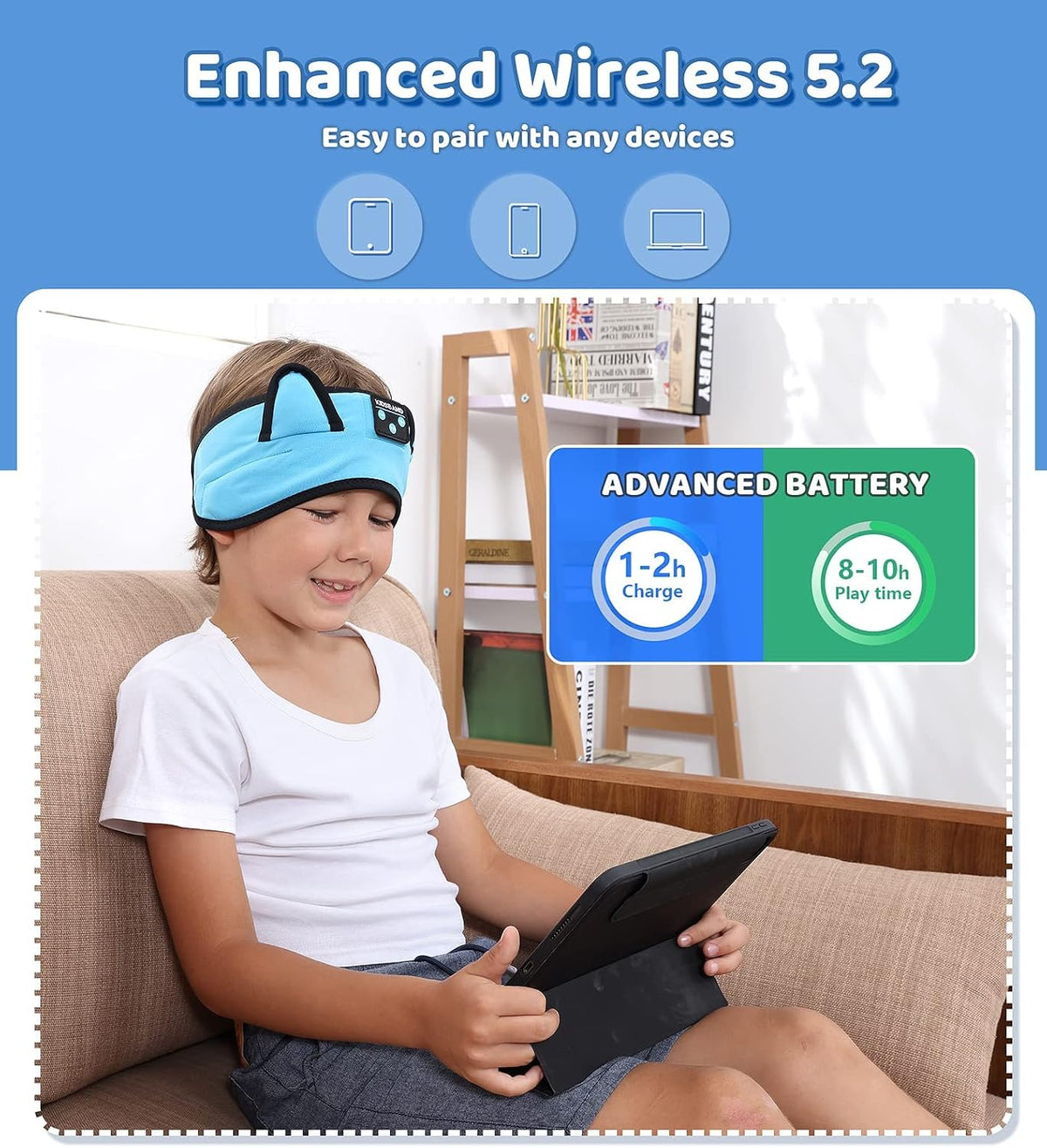 KIDSBAND Kids Bluetooth Headphones, Sleep Headband [Wireless & Wired Playback 2in1] Foldable Headphones for School/Travel/Tablet/Sleep