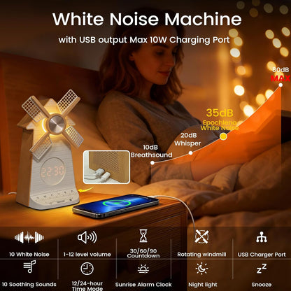 Sunrise Alarm Clock Rotating Windmill, White Noise Sleep Aid Gift | 20 Soothing Sounds, Easy Snooze Wake Up Light, 4-Level Dimmer Bedside Night Light, 30/60/90min Timer, Bedroom for Adults/Kids