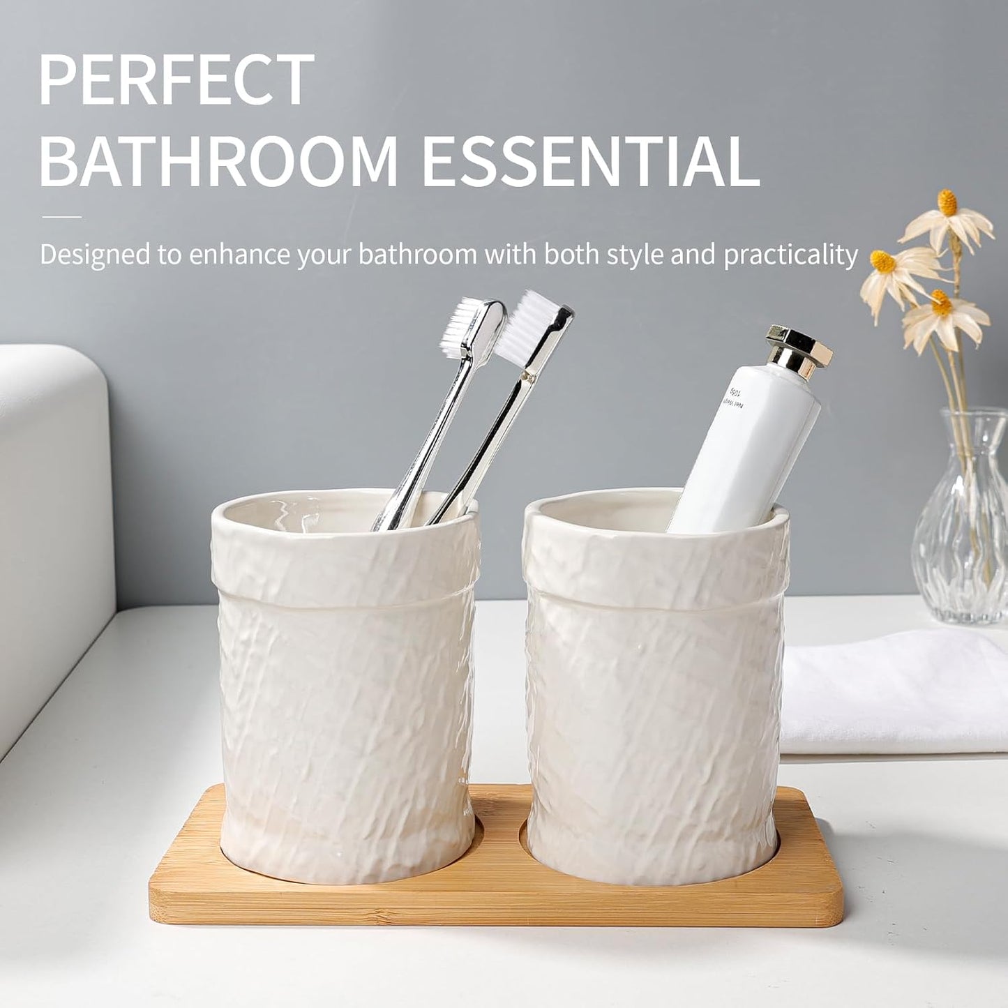 Toothbrush Holder, Tooth Brush Holder for Bathroom - Ceramic Toothbrush Cup White Toothbrush Holders Countertop, Makeup Brush Holder Pen Holder, 3.62" x 3.62" x 3.93", ANTIS'S HOME