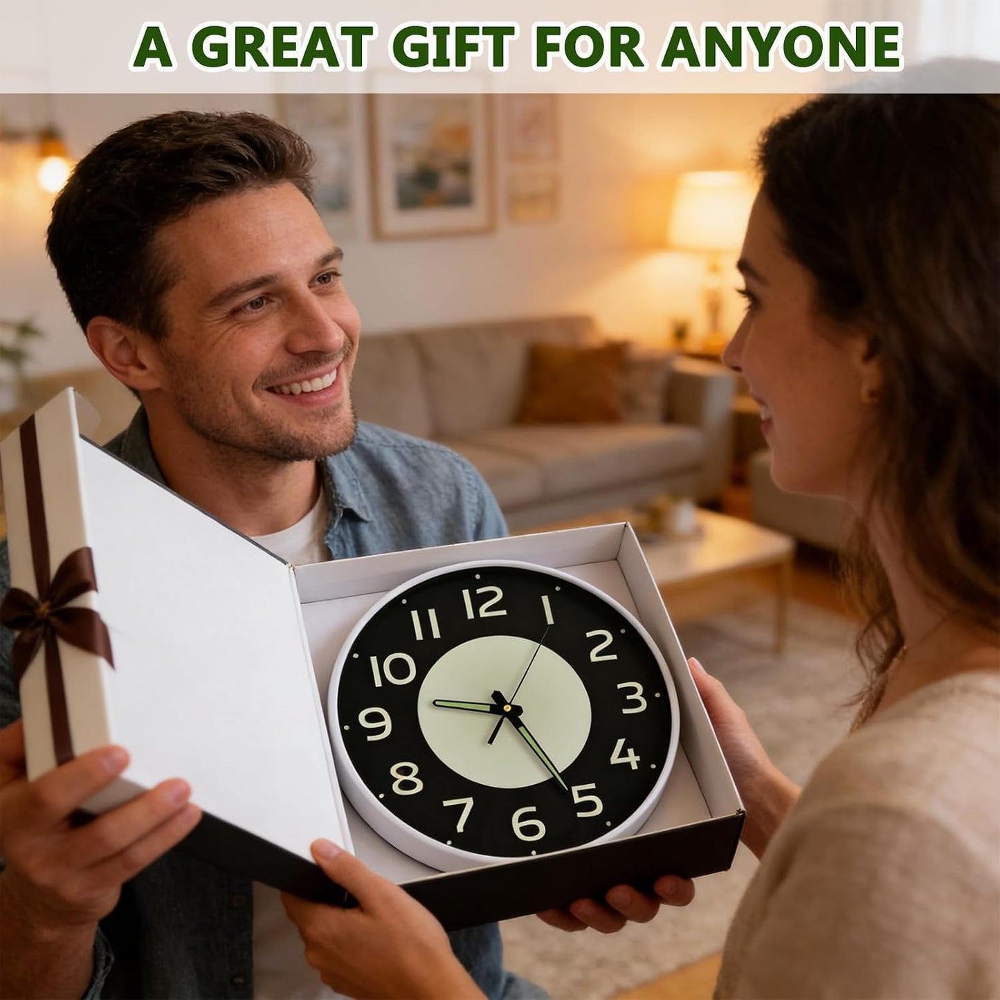12'' Glow in the Dark Wall Clock,Silent & Easy to Read | Battery Operated Non-Ticking Easy to Install Analog Wall Clocks for Living Room Kitchen Office Bedroom