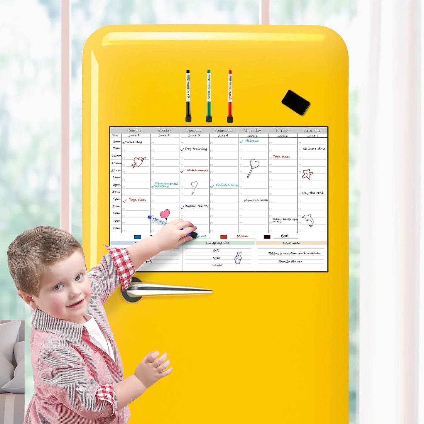 POPRUN Dry Erase Weekly Calendar Whiteboard, Magnetic Hourly Schedule Board | 16.9 x 11" Weekly Planner for Fridge, Time Slots, Family Daily Planning for Refrigerator, Homeschool, Work