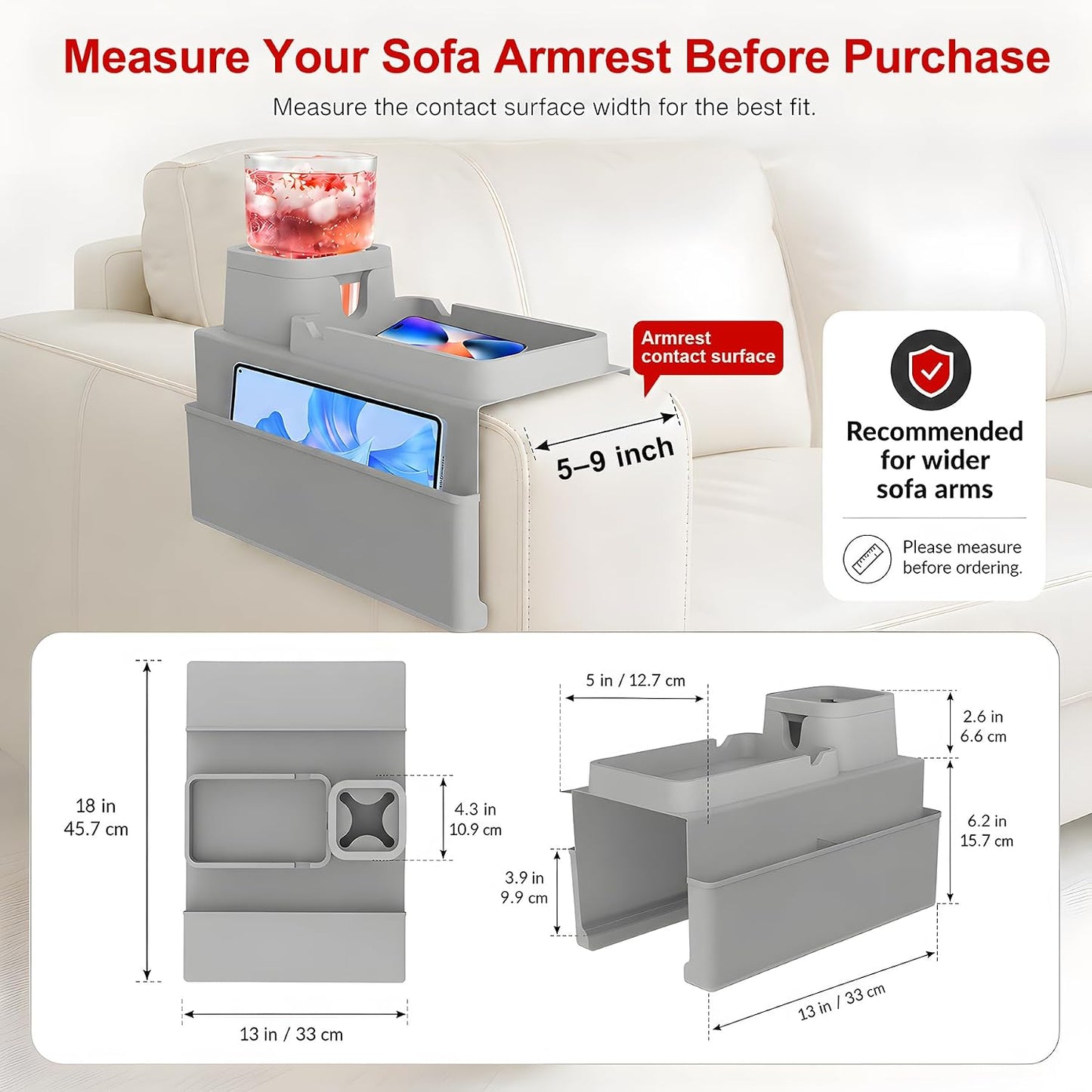 Couch Cup Holder Tray - Silicone Sofa Armrest Organizer Slate Gray | couch caddy with side pockets for drinks, phone, remote; sofa arm chair table arm chair caddy for recliner armrest organizer