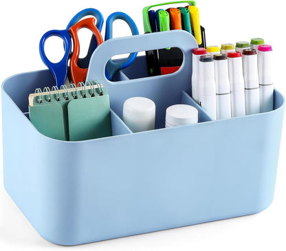 Multiuse Caddy Organizer with Handle, Portable Divided Plastic Tote Bin - Art Craft, Stationary Pen Marker Crayons, Makeup Hair Supplies Storage - Bathroom, Classroom, Dorm, Office, Desk Holder - Grey
