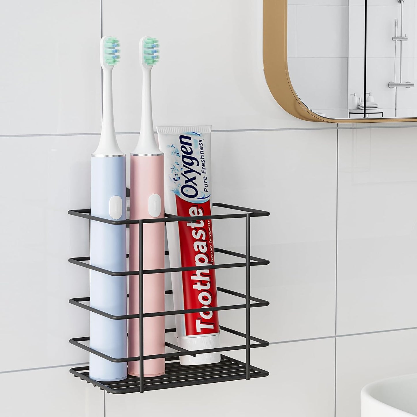 Open-Design Adhesive Shower Toothbrush Holder Wall Mounted with Drainage | Hanging Electric Tooth Brush Holder for Bathroom Wall Mirror, Metal Wall Toothpaste Storage Organizer for RV Camper, Black