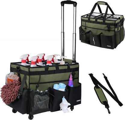 Extra Large Cleaning Caddy Bag with Built-In Support Board, Cleaning Tote Organizer with Removable Divider, Supply Carryall with Adjustable Shoulder Strap and Waist Belt for Cleaners & Housekeeper
